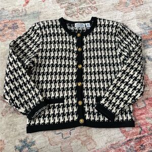 Club Classics Vintage Wool Houndstooth Cardigan Black White Womens Medium